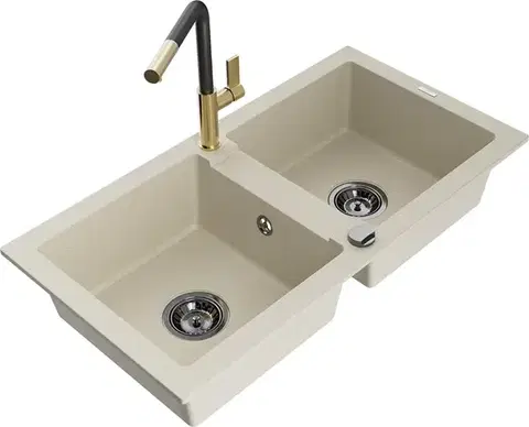 Kuchynské drezy MEXEN/S MEXEN/S - Mario granitový drez 2-bowl vrátane batérie Flora, béžová 6504-69-670401-57-B