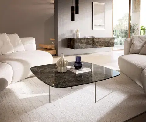 Konferenčné stolíky DELIFE Konferenčný stolík Edge zaoblený tvar 90x90 cm keramika Laminam® Emperador Extra Lucidato tmavohnedá Trive nerezová oceľ kefovaná