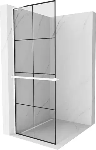 Sprchové dvere MEXEN/S - Kioto+ L Sprchová zástena WALK-IN s poličkou a držiakom uterákov 80 x 200, čierny vzor, biela 800-080-123-20-77