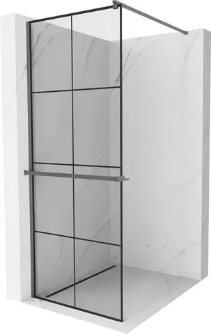 Sprchové dvere MEXEN/S - Kioto+ Sprchová zástena WALK-IN s poličkou a držiakom uterákov 80 x 200, čierny vzor, grafit metal 800-080-121-95-77