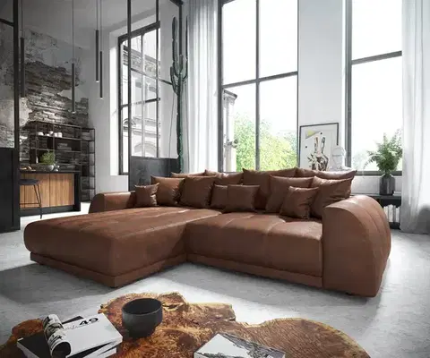 Rohové sedacie súpravy DELIFE Rohová pohovka Violetta 300 x 220 cm imitácia kože hnedá variabilné ležadlo