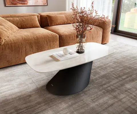 Konferenčné stolíky DELIFE Konferenčný stolík Edge zaoblený 100×50 cm keramika onyx šampanské Conis kov čierna