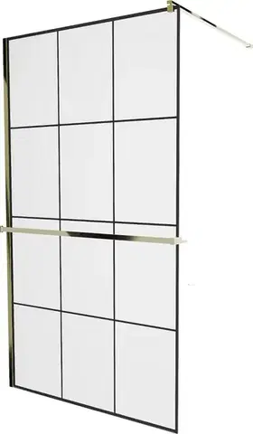 Sprchové dvere MEXEN/S - KIOTO Sprchová zástena WALK-IN s poličkou a držiakom uterákov 120 x 200, transparent/čierna 8 mm, zlatá 800-120-121-50-77