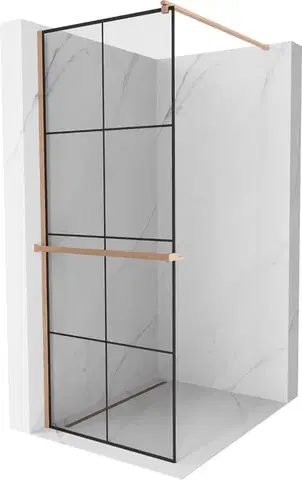 Sprchové dvere MEXEN/S - Kioto+ Sprchová zástena WALK-IN s poličkou a držiakom uterákov 80 x 200, čierny vzor, meď kartáčovaná 800-080-121-65-77