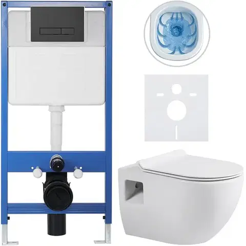 Záchody CERANO - Kompletný podomietkový WC set Lite/Dure - biela lesklá - WC tlačidlo Slim, čierne matné - predstenová inštalácia / sadrokartón - 51x35 CER-665884