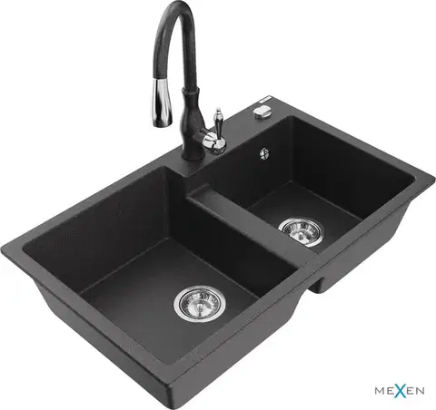 Kuchynské drezy MEXEN/S MEXEN/S - Tomas granitový drez 2-bowl vrátane batérie Savita, čierna kropenatá 6516-76-672601-76