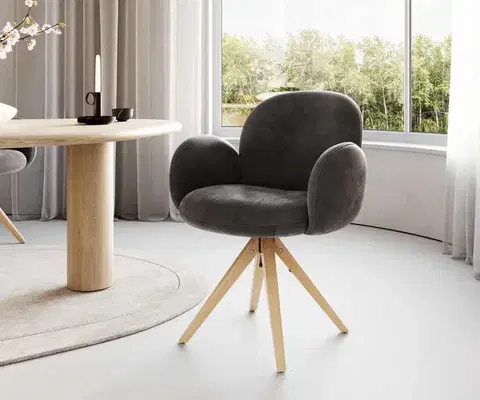 Jedálenské stoličky DELIFE Otočná jedálenská stolička Nube-Flex s opierkami mikrovlákno antracit vintage drevená podstava hranatá prírodná 180° otočná vrecková pružina