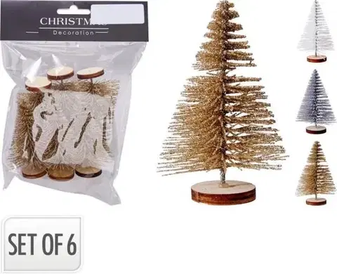 Ostatné vianočné dekorácie Kinekus Dekorácia stromček 4x7 cm sada 6 ks zlatá/strieborná/biela mix