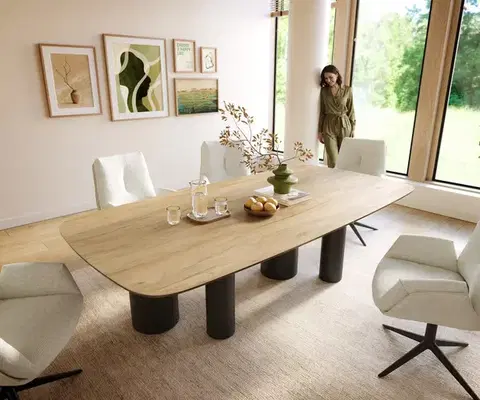 Jedálenské stoly DELIFE Jedálenský stôl Edge zaoblený 240×120 cm keramika Laminam® sabbia v dubovej farbe kovová podstava čierna