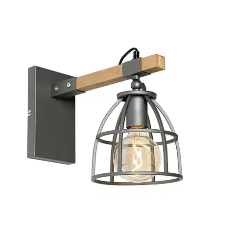 Nástenné osvetlenie Priemyselná nástenná lampa tmavosivá s dreveným nastaviteľným - Arthur