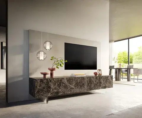 Televízne stolíky DELIFE TV stolík Cuor 220 cm keramika emperador extra leštený tmavohnedá 1 výklopné dvierka 2 zásuvky podstava závesná akrylové sklo