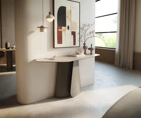 Konzolové stolíky DELIFE Konzolový stolík Edge polygonálny 140×50 cm keramika Laminam® travertín biely krémovo biela Livos kov titánová farba