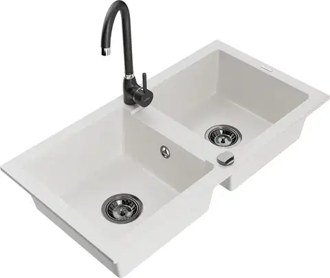 Kuchynské drezy MEXEN/S MEXEN/S - Mario granitový drez 2-bowl vrátane batérie Telma, biela 6504-20-670200-70