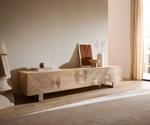 Televízne stolíky DELIFE TV stolík Ashara 220 cm dub prírodný 3D efekt 4 dvierka tenká podstava nerezová oceľ kefovaná