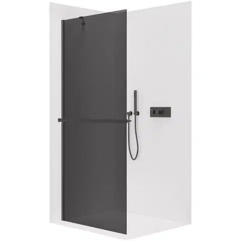 Držadlá k vani CERANO - Sprchová zástěna Walk-in Onyx Y L/P - 8 mm + polička/držák na ručníky - černá matná, grafitové sklo - 60x200  CER-8050BD1184