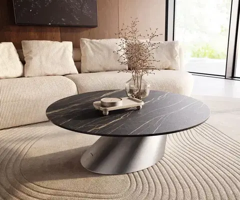 Konferenčné stolíky DELIFE Konferenčný stolík Edge okrúhly 100x100 cm keramika Laminam® Noir Desir hnedá konis nerezová oceľ kefovaná