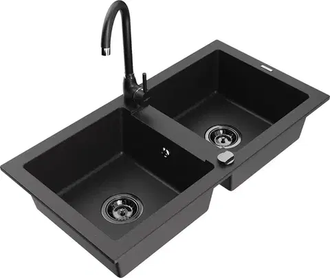 Kuchynské drezy MEXEN/S MEXEN/S - Mario granitový drez 2-bowl vrátane batérie Telma, čierna 6504-77-670200-70-B