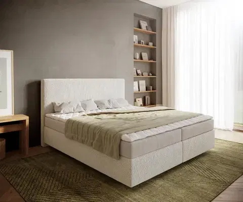 Postele Boxspring DELIFE Boxspring posteľ Dream-Well 180×200 cm bouclé krémovo biela s matracom a topperom