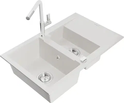 Kuchynské drezy MEXEN/S MEXEN/S - Gaspar granitový drez 1.5 s odkvapkávačom vrátane batérie Flora, biela 6507-20-670401-02