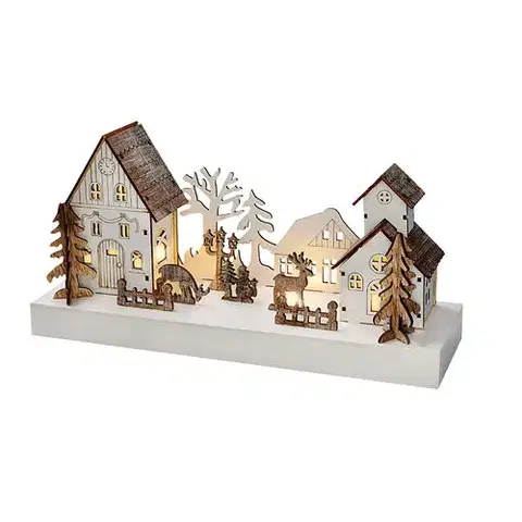 Vianočné dekorácie Solight LED vianočná dedinka, 34 x 17 cm, drevo, 4 LED, 2x AA
