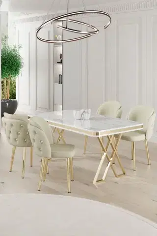 Jedálenské sety Dining Table & Chairs Set (5 Pieces) Rigel - White, Gold, Cream
