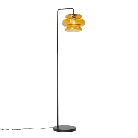 Stojace lampy Retro stojacia lampa čierna s oranžovým sklom - Denise
