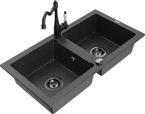 Kuchynské drezy MEXEN/S MEXEN/S - Mario granitový drez 2-bowl vrátane batérie Carla, čierna kropenatá 6504-76-670700-70-B