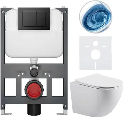 Záchody CERANO - Kompletný WC set Basic/Cesso - biela matná - WC tlačidlo Maxio/Čierna - závesné - nízky modul - predstenová inštalácia - 49x36 CER-8050BD86174