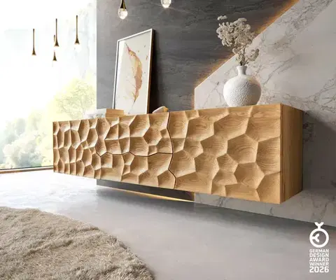 Televízne stolíky DELIFE TV stolík Solu 175 cm dub prírodný 2 dvierka 2 zásuvky závesný 3D čelo