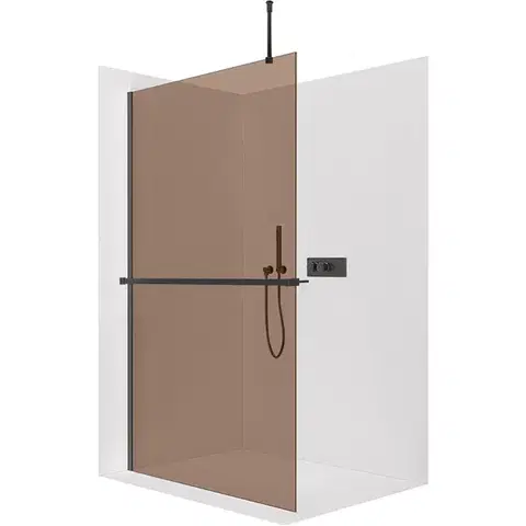 Sprchové dvere CERANO - Sprchová zástena Walk-in Onyx Top Round Ľ/P - 8 mm - okrúhla vzpera + polička/držiak na uteráky - čierna matná, bronzové sklo - 70x200 CER-690115