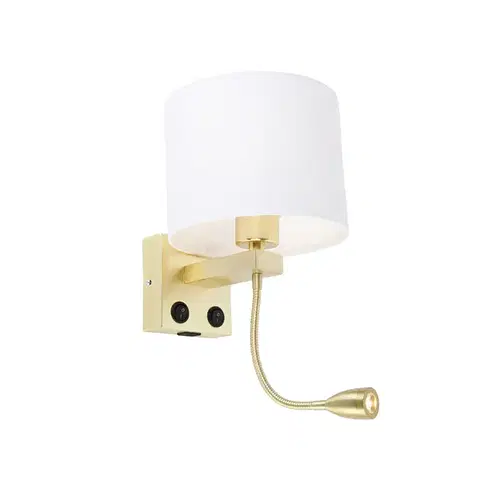 Lampy Zlatá nástenná lampa s USB a bielym tienidlom 18 cm - Brescia Combi