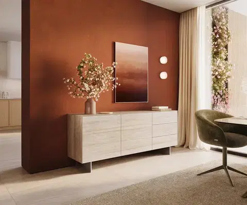 Komody DELIFE Komoda Cuor 180 cm keramika Laminam® Travertino Bianco krémovo biela 2 dvierka 3 zásuvky podstava závesná nerezová oceľ