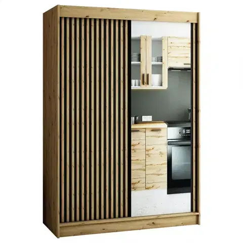 Šatníkové skrine Skriňa Lamelo 2 150 Dub Artisan/čierna/Zrkadlo