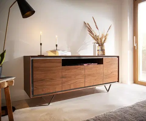 Komody DELIFE Komoda Stonegrace 175 cm akácia hnedá kamenná dyha 4 dvierka 1 priehradka podstava v tvare V čierna