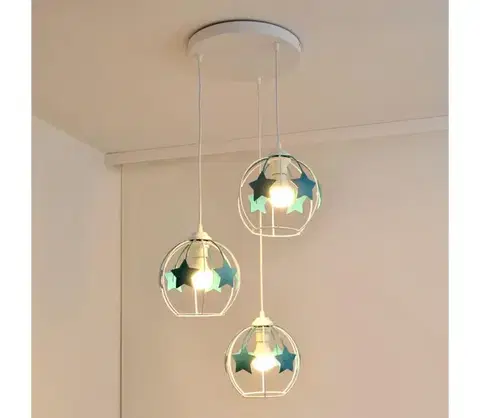 Svietidlá  Detský luster na lanku STARS 3xE27/15W/230V tyrkysová/biela W-KD 1385/3 WT+TRQ