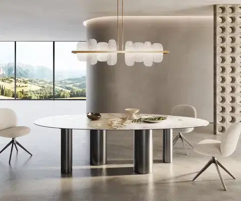 Jedálenské stoly DELIFE Jedálenský stôl Edge oválny 280x130 keramika Minas melange bielo-béžová pilier nerezová oceľ grafitová
