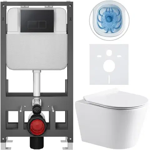 Záchody CERANO - Kompletný WC set Basic/Carlito - biela lesklá - WC tlačidlo Modulo/Čierna - voľne stojaca - predstenová inštalácia - 48,5x36,5 CER-8050BD86052