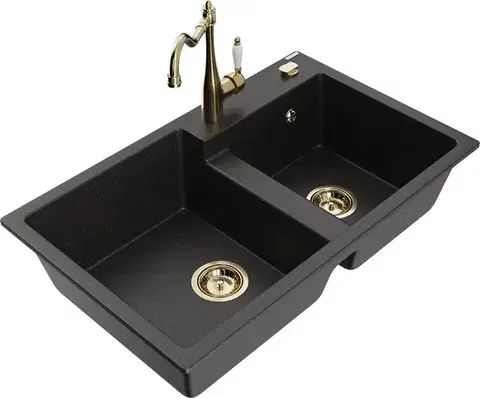 Kuchynské drezy MEXEN/S MEXEN/S - Tomas granitový drez 2-bowl vrátane batérie Carla, čierna/zlatá metalik 6516-75-670700-50