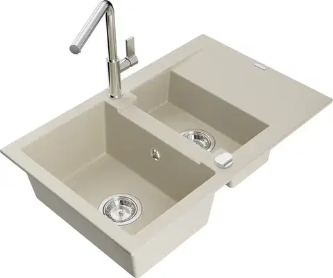 Kuchynské drezy MEXEN/S MEXEN/S - Gaspar granitový drez 1.5 s odkvapkávačom vrátane batérie Flora, béžová 6507-69-670401-00