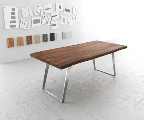 Jedálenské stoly DELIFE Jedálenský stôl Edge 200x100 XL akácia hnedá nerezová oceľ skosený Live-Edge