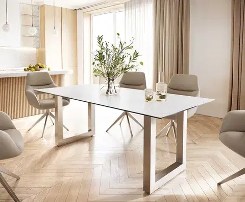 Jedálenské stoly DELIFE Jedálenský stôl Edge 200x100 keramika Laminam® Statuarietto biela nerezová oceľ široký