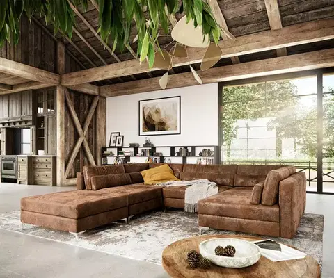 Sedacie súpravy XL DELIFE Pohovka v tvare U Elio 300x185 cm imitácia kože vintage hnedá antik s taburetom