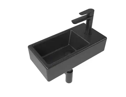 Kúpeľňové batérie SAT - Koupelnový set pravého závěsného umývátka Brevis 40,5 cm, pákové baterie, sifonu, průtočné zátky a roháčků v černé barvě KSETBRE2PBKM KSETBRE2PBKM