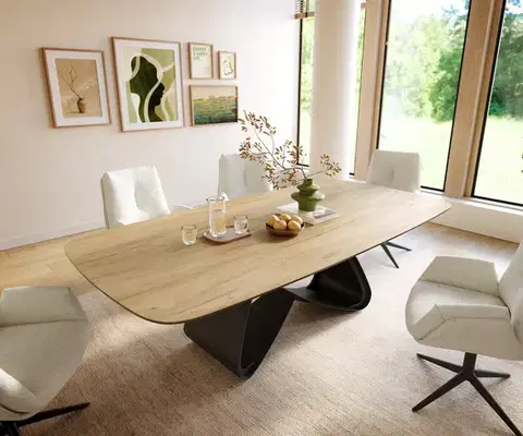 Jedálenské stoly DELIFE Jedálenský stôl Edge zaoblený 240×120 cm keramika Laminam® Sabbia dubová farba podstava v tvare W kov čierna