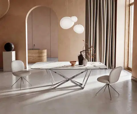 Jedálenské stoly DELIFE Jedálenský stôl Edge zaoblený tvar 240x120 keramika Calacatta Luxe bielo-zlato-šedá Spider plochá oceľ nerezová oceľ