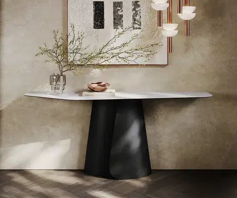 Konzolové stolíky DELIFE Konzolový stolík Edge polygonálny 180×50 cm keramika Laminam® Statuarietto biela Livos kov čierna