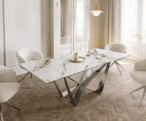 Jedálenské stoly DELIFE Jedálenský stôl Edge 180-220x100 keramika Calacatta Luxe bielo-zlato-šedá Spider plochá oceľ nerezová oceľ rozkladací