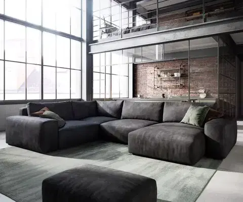 Sedacie súpravy XL DELIFE Pohovka v tvare "U" Lanzo 300x210 cm imitácia kože vintage antracitová ležadlo variabilné s taburetom