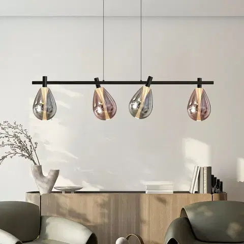 Stropná svetla Lampa wisząca Denso szklana czarna nad stół potrójna z kloszami dymionymi i miedzianymi