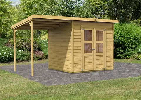 Zahradné domčeky Drevený záhradný domček 370 x 236 cm s prístavkom Dekorhome